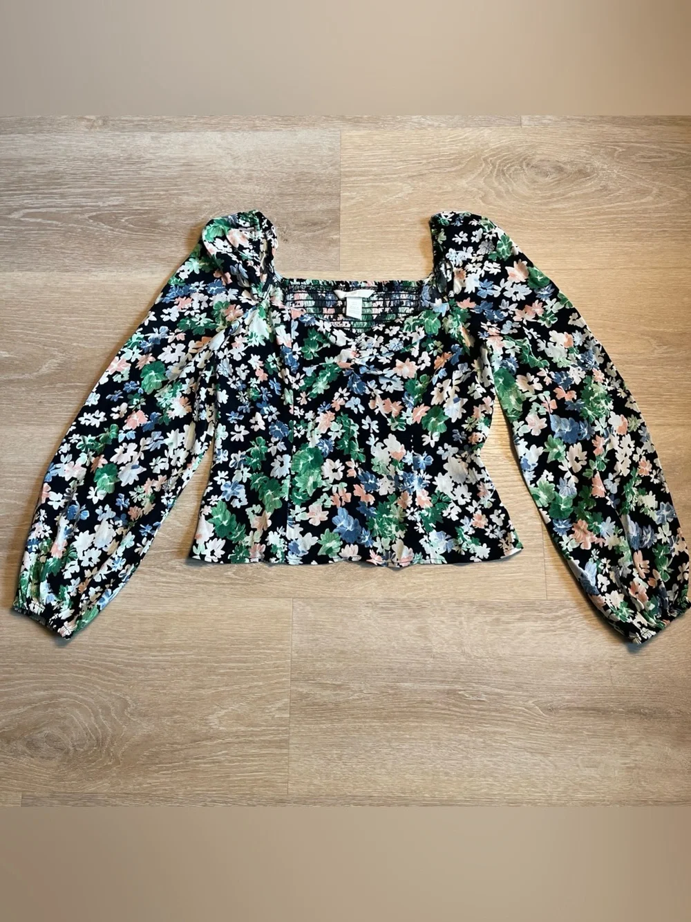 H&M Black Floral Print Puff Sleeve Blouse Shirt Fairy Whimsigoth Cottagecore - Picture 1 of 6